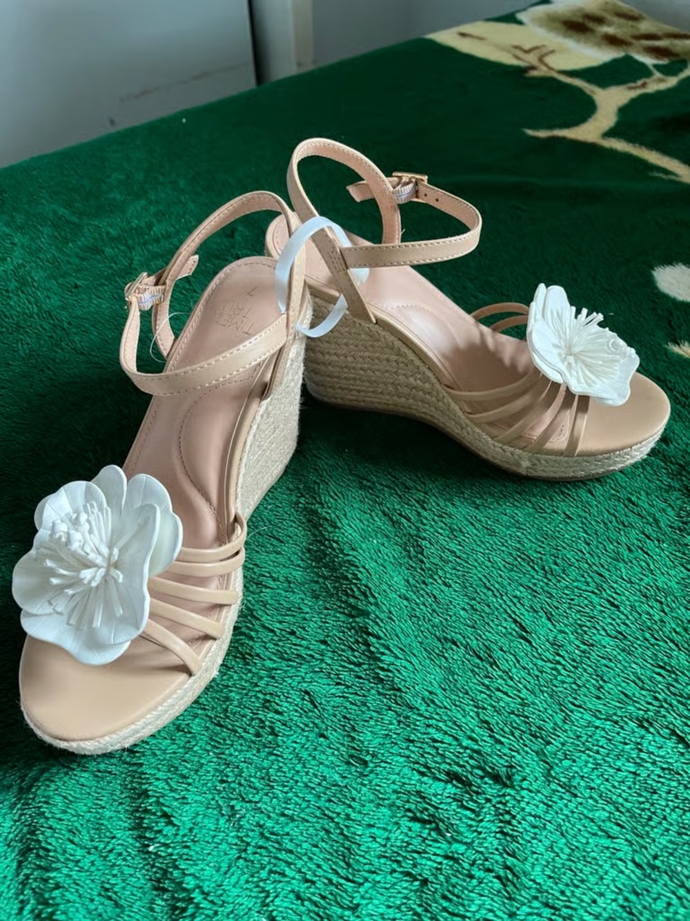 Time and Tru Nude Wedge Sandals with White Floral Accent